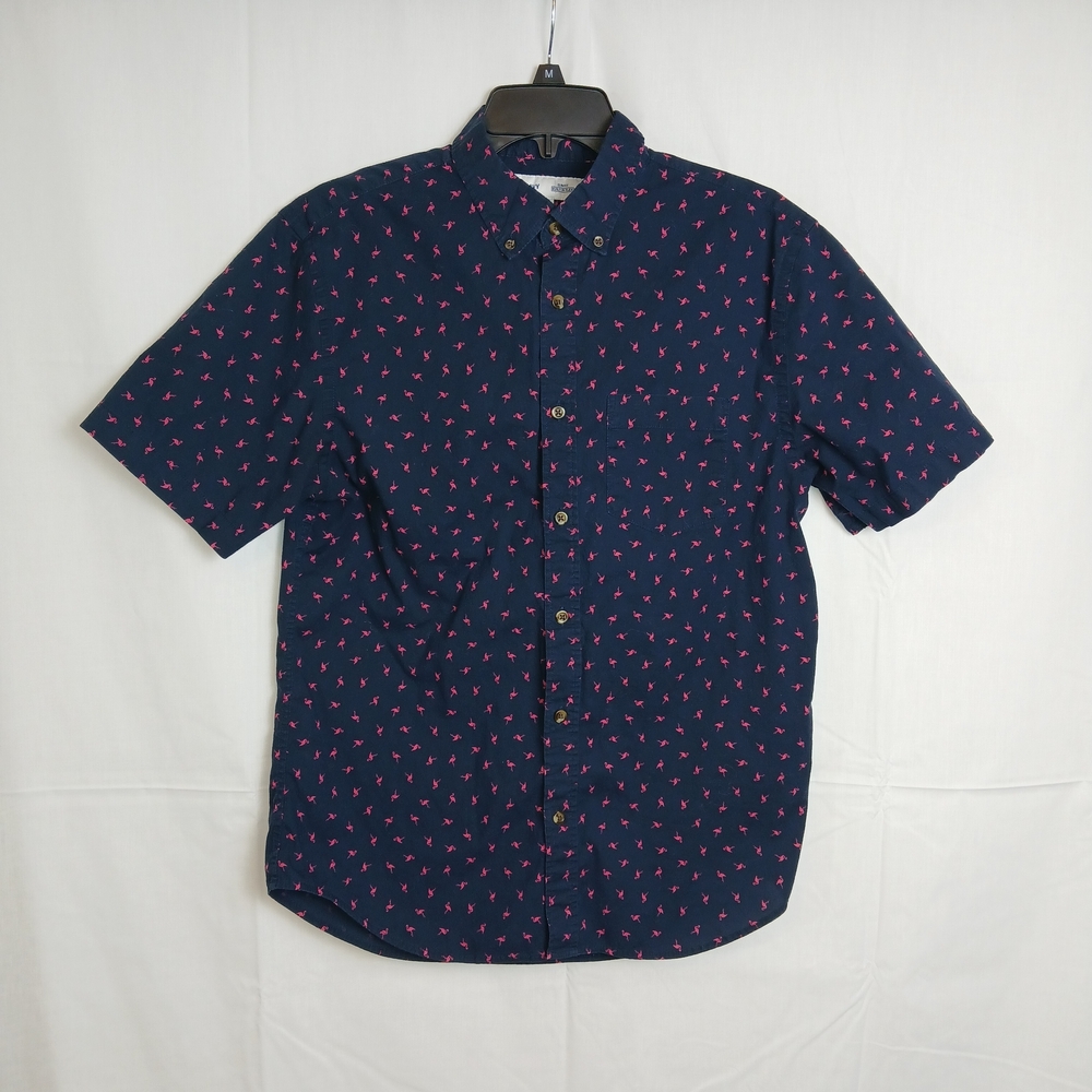 Old Navy Built-In Flex Shirt Slim Fit Medium Navy w/ Pink Flamingos‎